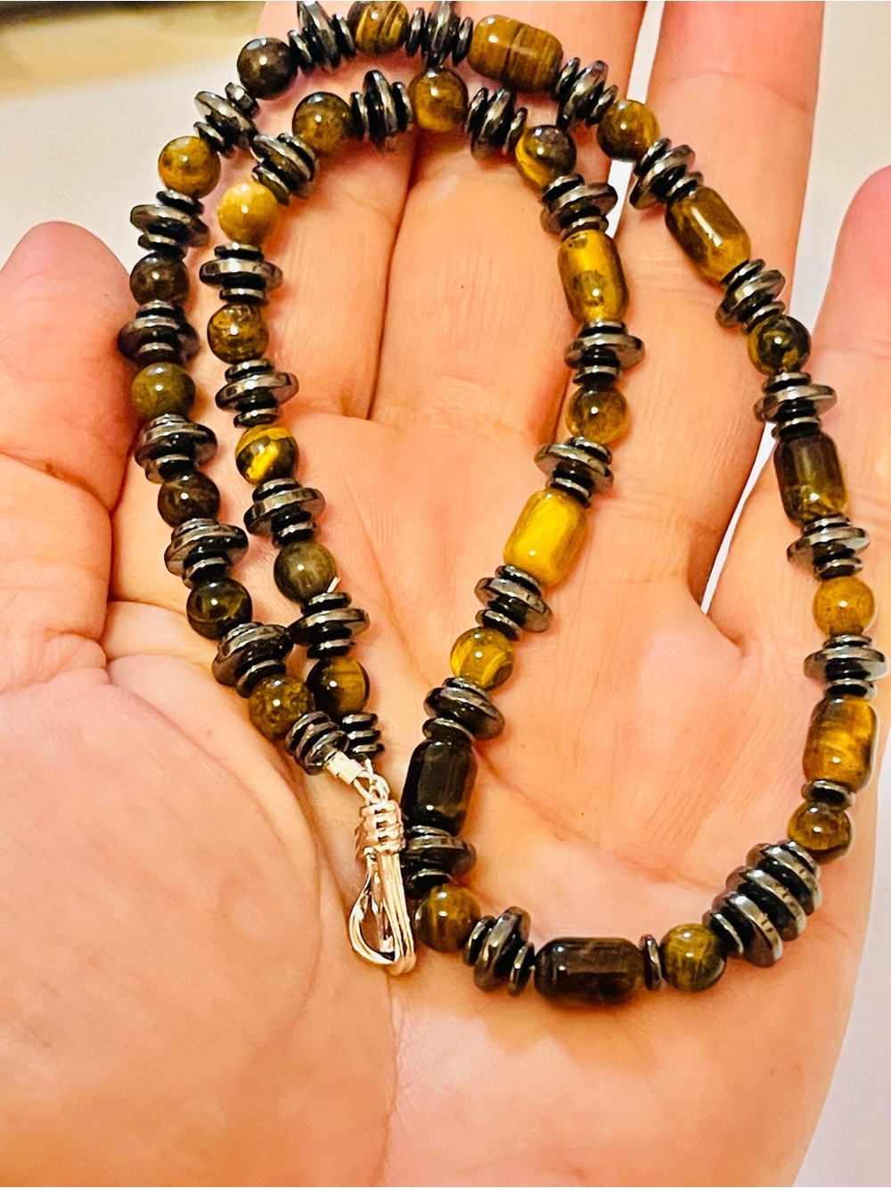 Tiger Eye Hematite Cylinder Round
Bead Necklace Men's Women's Unisex
39 G 19"